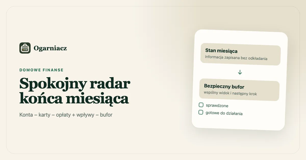 Prosty rodzinny budżet miesiąca z kontami, kartami, opłatami i bezpiecznym buforem