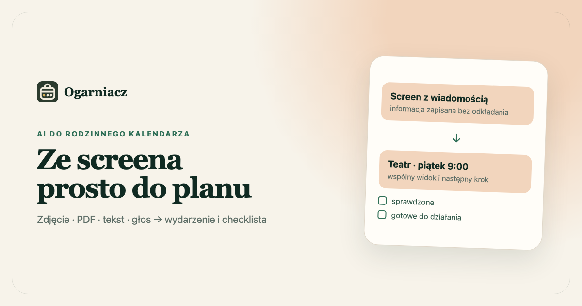 Wiadomość ze szkoły zmieniająca się w wydarzenie z checklistą w rodzinnym kalendarzu