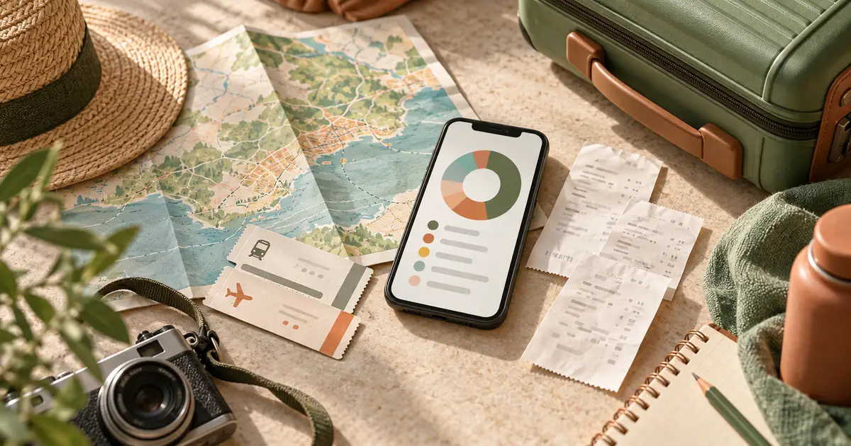 Travel map, tickets, receipts, and a phone showing an expense category chart