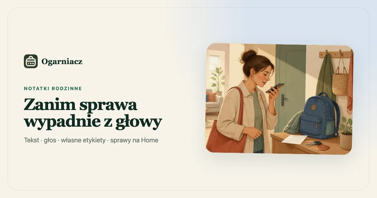 Rodzic nagrywający krótką notatkę głosową w przedpokoju po powrocie do domu