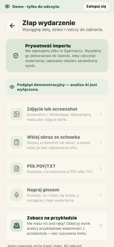 Mobilny ekran wyboru importu wydarzeń ze zdjęcia, schowka, PDF-u lub głosu w Ogarniaczu