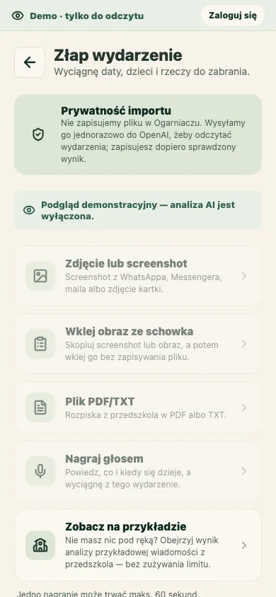 Mobilny ekran importowania wydarzenia ze zdjęcia, pliku, tekstu lub głosu