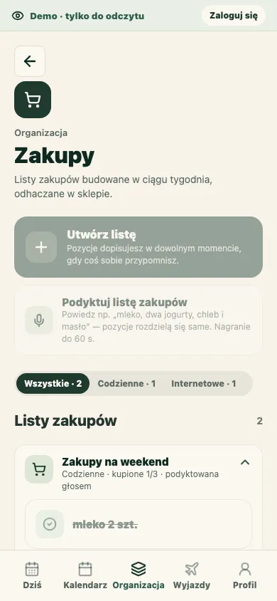 Mobilny ekran wspólnych list zakupów w Ogarniaczu z odhaczanymi pozycjami