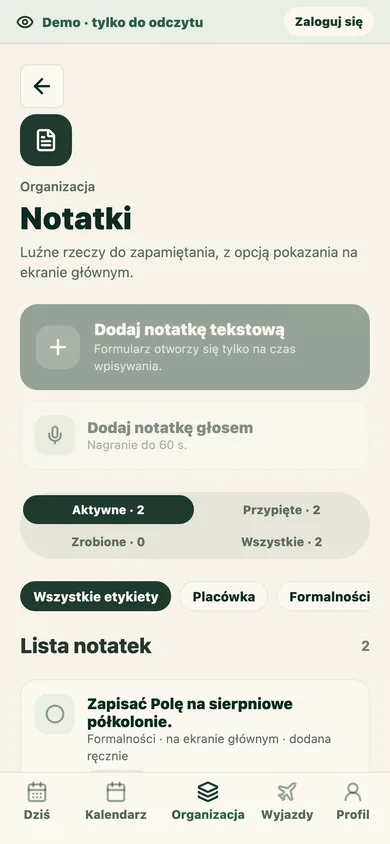 Mobilny ekran notatek w Ogarniaczu z notatkami rodziny, filtrami i etykietami