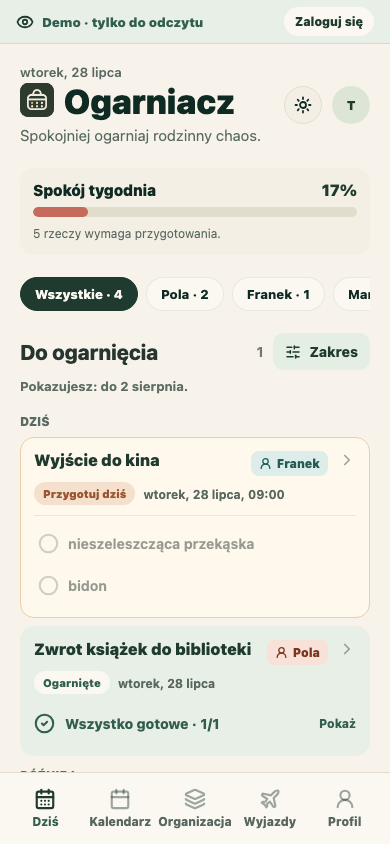 Przykładowy plan rodziny i wydarzenia na mobilnym ekranie głównym Ogarniacza