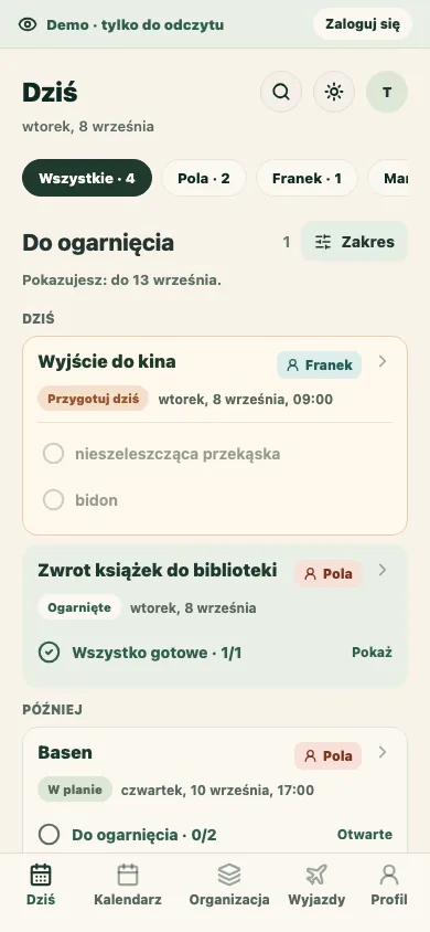 Mobilny ekran planu przykładowej rodziny w Ogarniaczu