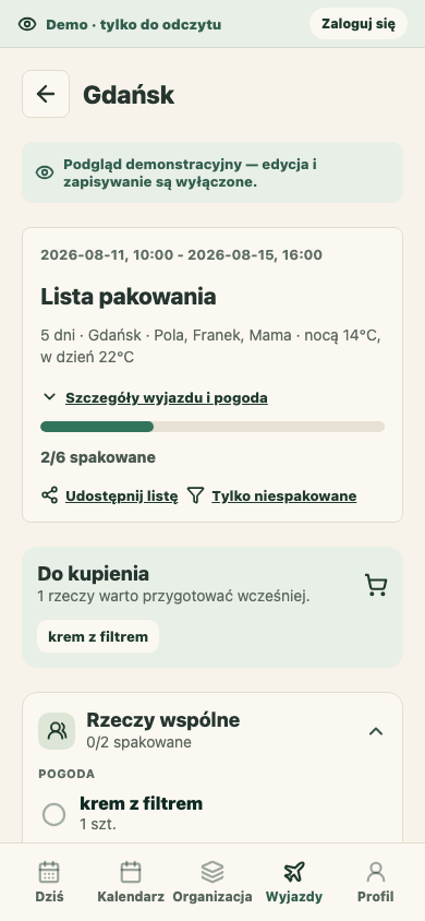 Mobilny plan wyjazdu i wspólna lista pakowania w Ogarniaczu