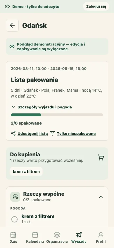 Mobilny ekran planu wyjazdu i listy pakowania w Ogarniaczu